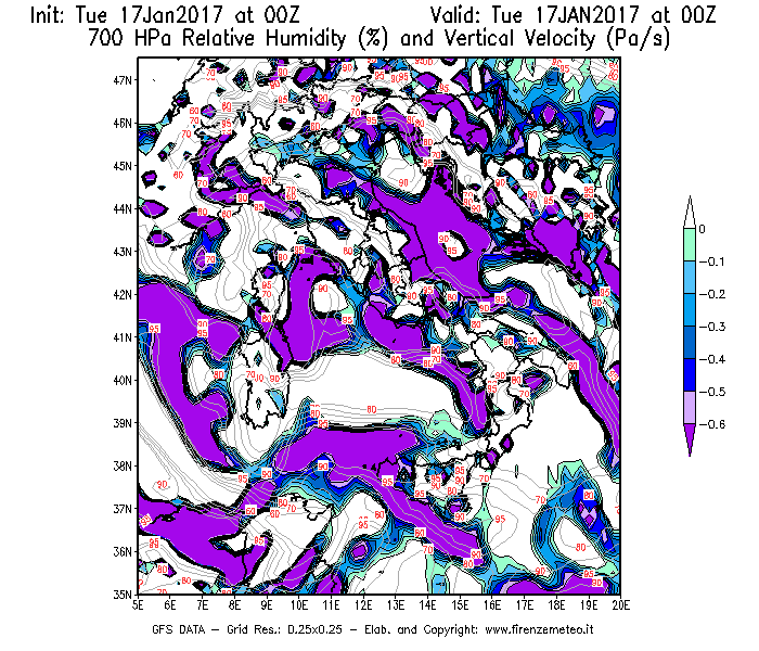 Mappa di analisi GFS - Umidità relativa [%] e Omega [Pa/s] a 700 hPa in Italia
							del 17/01/2017 00 <!--googleoff: index-->UTC<!--googleon: index-->