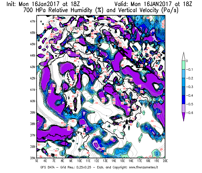Mappa di analisi GFS - Umidità relativa [%] e Omega [Pa/s] a 700 hPa in Italia
							del 17/01/2017 18 <!--googleoff: index-->UTC<!--googleon: index-->