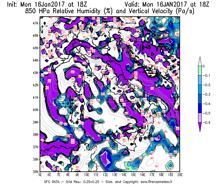 Mappa di analisi GFS - Umidità relativa [%] e Omega [Pa/s] a 850 hPa in Italia
							del 17/01/2017 18 <!--googleoff: index-->UTC<!--googleon: index-->