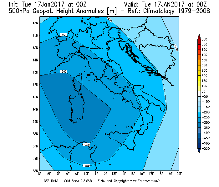 Mappa di analisi GFS - Anomalia di Geopotenziale a 500 hPa in Italia
							del 17/01/2017 00 <!--googleoff: index-->UTC<!--googleon: index-->