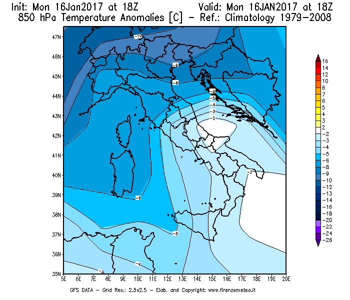 Mappa di analisi GFS - Anomalia Temperatura [°C] a 850 hPa in Italia
							del 17/01/2017 18 <!--googleoff: index-->UTC<!--googleon: index-->