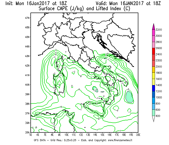 Mappa di analisi GFS - CAPE [J/kg] e Lifted Index [°C] in Italia
							del 17/01/2017 18 <!--googleoff: index-->UTC<!--googleon: index-->