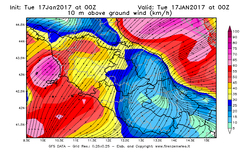 Mappa di analisi GFS - Velocità del vento a 10 metri dal suolo [km/h] in Centro-Italia
							del 17/01/2017 00 <!--googleoff: index-->UTC<!--googleon: index-->