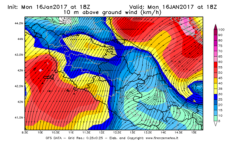 Mappa di analisi GFS - Velocità del vento a 10 metri dal suolo [km/h] in Centro-Italia
							del 17/01/2017 18 <!--googleoff: index-->UTC<!--googleon: index-->