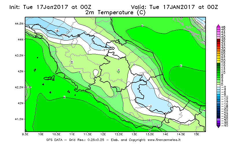Mappa di analisi GFS - Temperatura a 2 metri dal suolo [°C] in Centro-Italia
							del 17/01/2017 00 <!--googleoff: index-->UTC<!--googleon: index-->