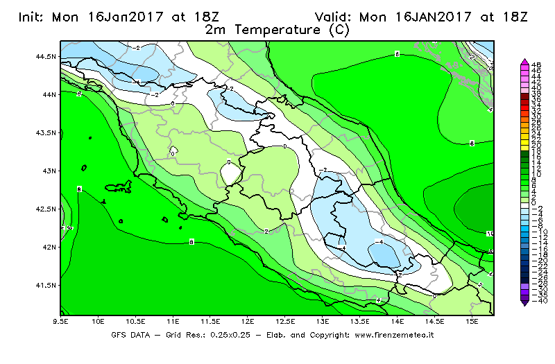 Mappa di analisi GFS - Temperatura a 2 metri dal suolo [°C] in Centro-Italia
							del 17/01/2017 18 <!--googleoff: index-->UTC<!--googleon: index-->