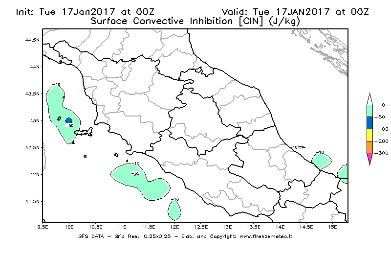 Mappa di analisi GFS - CIN [J/kg] in Centro-Italia
							del 17/01/2017 00 <!--googleoff: index-->UTC<!--googleon: index-->