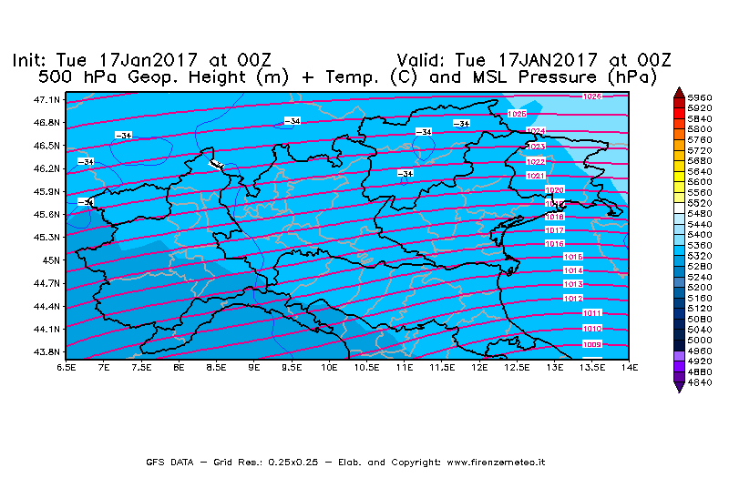 Mappa di analisi GFS - Geopotenziale [m] + Temp. [°C] a 500 hPa + Press. a livello del mare [hPa] in Nord-Italia
							del 17/01/2017 00 <!--googleoff: index-->UTC<!--googleon: index-->
