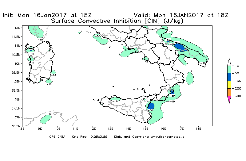 Mappa di analisi GFS - CIN [J/kg] in Sud-Italia
							del 17/01/2017 18 <!--googleoff: index-->UTC<!--googleon: index-->