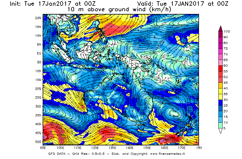 Mappa di analisi GFS - Velocità del vento a 10 metri dal suolo [km/h] in Oceania
							del 17/01/2017 00 <!--googleoff: index-->UTC<!--googleon: index-->