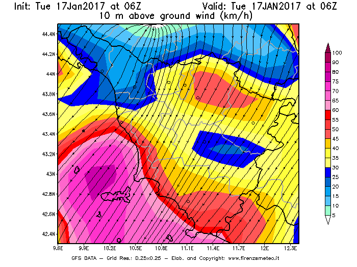Mappa di analisi GFS - Velocità del vento a 10 metri dal suolo [km/h] in Toscana
							del 17/01/2017 06 <!--googleoff: index-->UTC<!--googleon: index-->