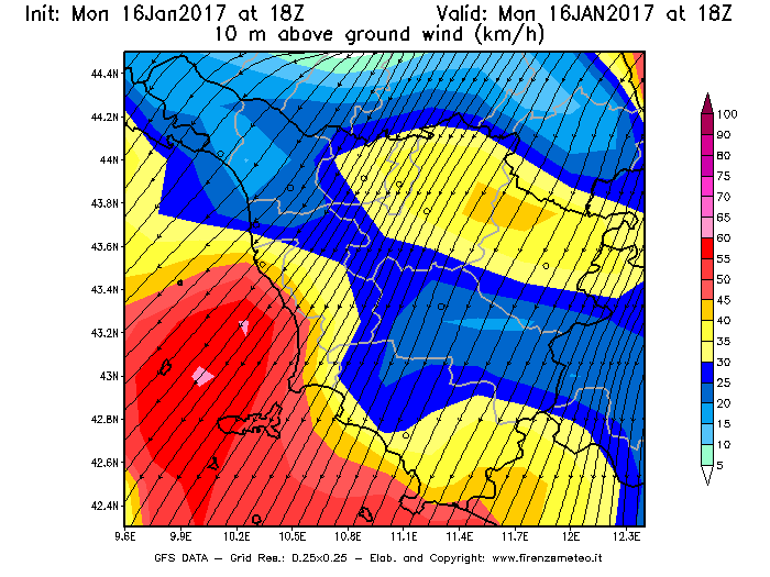 Mappa di analisi GFS - Velocità del vento a 10 metri dal suolo [km/h] in Toscana
							del 17/01/2017 18 <!--googleoff: index-->UTC<!--googleon: index-->