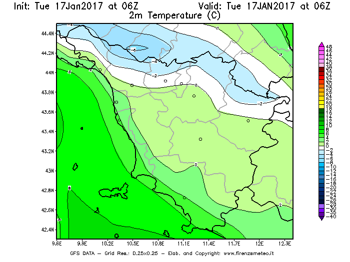 Mappa di analisi GFS - Temperatura a 2 metri dal suolo [°C] in Toscana
							del 17/01/2017 06 <!--googleoff: index-->UTC<!--googleon: index-->