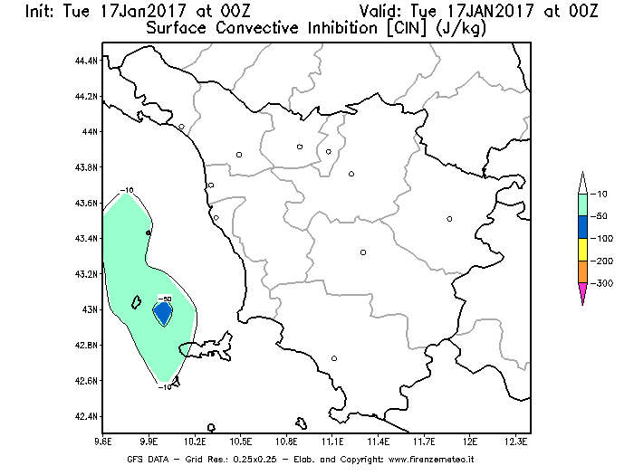 Mappa di analisi GFS - CIN [J/kg] in Toscana
							del 17/01/2017 00 <!--googleoff: index-->UTC<!--googleon: index-->