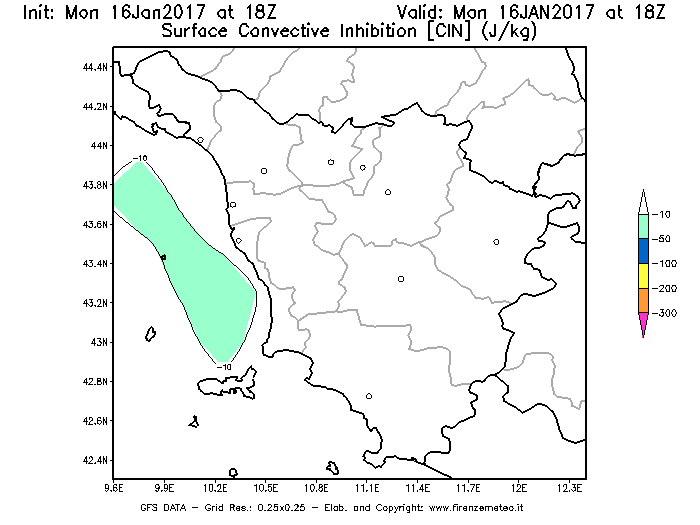 Mappa di analisi GFS - CIN [J/kg] in Toscana
							del 17/01/2017 18 <!--googleoff: index-->UTC<!--googleon: index-->