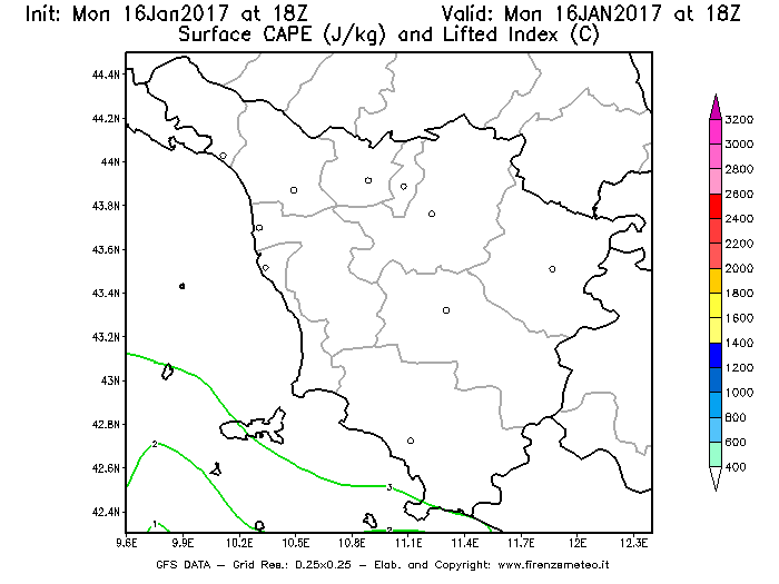 Mappa di analisi GFS - CAPE [J/kg] e Lifted Index [°C] in Toscana
							del 17/01/2017 18 <!--googleoff: index-->UTC<!--googleon: index-->