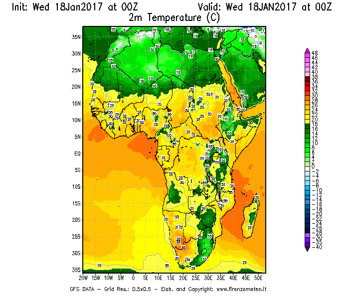 Mappa di analisi GFS - Temperatura a 2 metri dal suolo [°C] in Africa
							del 18/01/2017 00 <!--googleoff: index-->UTC<!--googleon: index-->