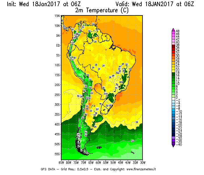 Mappa di analisi GFS - Temperatura a 2 metri dal suolo [°C] in Sud-America
							del 18/01/2017 06 <!--googleoff: index-->UTC<!--googleon: index-->