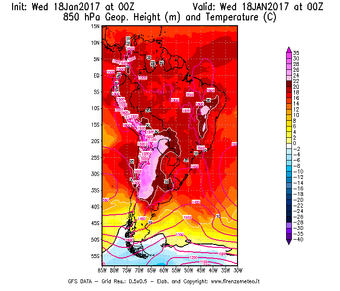 Mappa di analisi GFS - Geopotenziale [m] e Temperatura [°C] a 850 hPa in Sud-America
							del 18/01/2017 00 <!--googleoff: index-->UTC<!--googleon: index-->