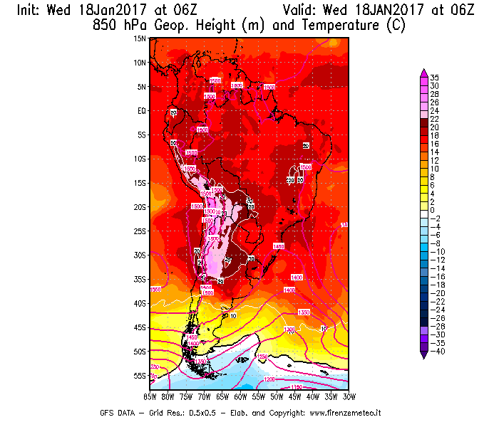 Mappa di analisi GFS - Geopotenziale [m] e Temperatura [°C] a 850 hPa in Sud-America
							del 18/01/2017 06 <!--googleoff: index-->UTC<!--googleon: index-->