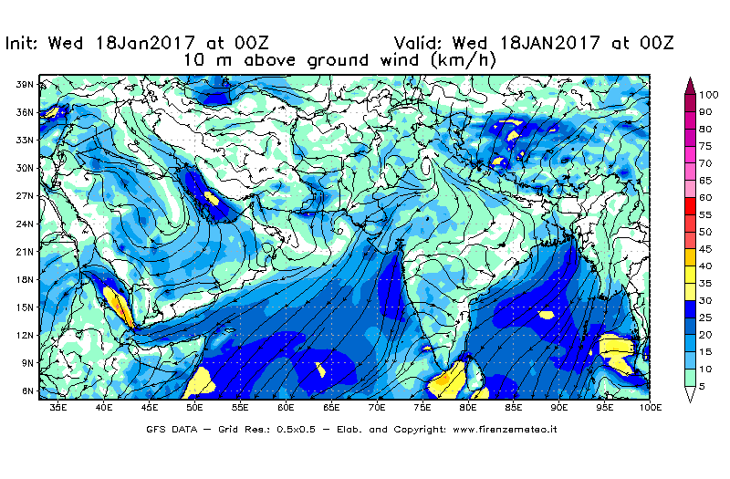 Mappa di analisi GFS - Velocità del vento a 10 metri dal suolo [km/h] in Asia Sud-Occidentale
							del 18/01/2017 00 <!--googleoff: index-->UTC<!--googleon: index-->