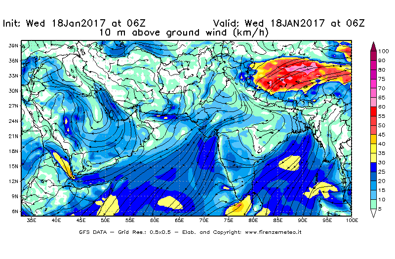 Mappa di analisi GFS - Velocità del vento a 10 metri dal suolo [km/h] in Asia Sud-Occidentale
							del 18/01/2017 06 <!--googleoff: index-->UTC<!--googleon: index-->
