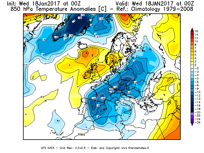 Mappa di analisi GFS - Anomalia Temperatura [°C] a 850 hPa in Europa
							del 18/01/2017 00 <!--googleoff: index-->UTC<!--googleon: index-->