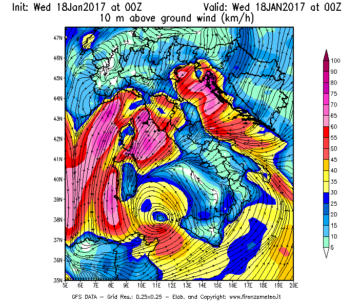 Mappa di analisi GFS - Velocità del vento a 10 metri dal suolo [km/h] in Italia
							del 18/01/2017 00 <!--googleoff: index-->UTC<!--googleon: index-->