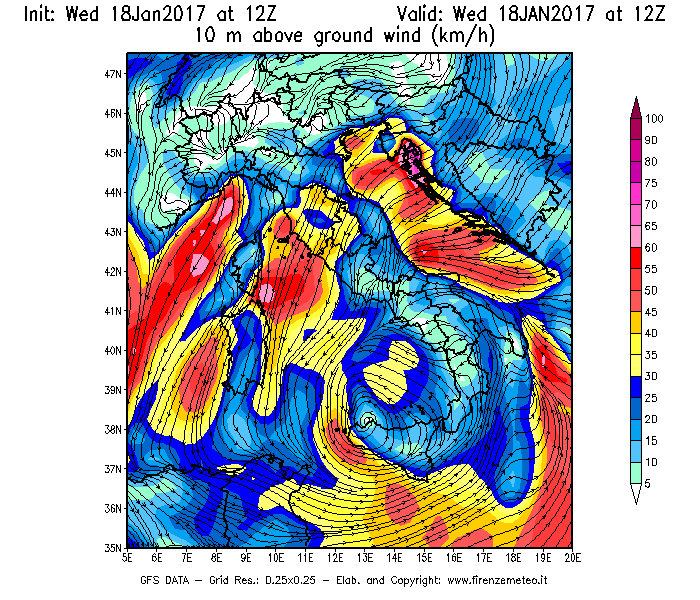Mappa di analisi GFS - Velocità del vento a 10 metri dal suolo [km/h] in Italia
							del 18/01/2017 12 <!--googleoff: index-->UTC<!--googleon: index-->