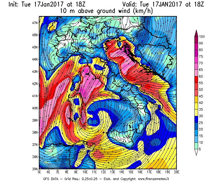 Mappa di analisi GFS - Velocità del vento a 10 metri dal suolo [km/h] in Italia
							del 18/01/2017 18 <!--googleoff: index-->UTC<!--googleon: index-->