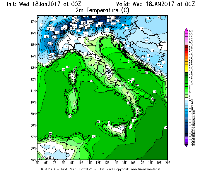 Mappa di analisi GFS - Temperatura a 2 metri dal suolo [°C] in Italia
							del 18/01/2017 00 <!--googleoff: index-->UTC<!--googleon: index-->
