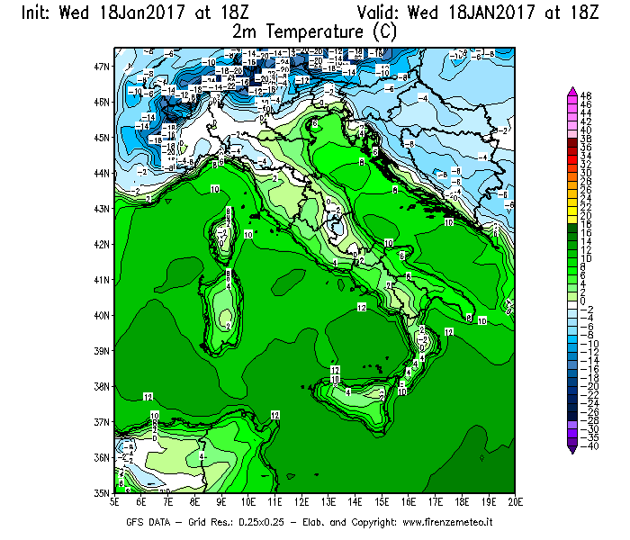 Mappa di analisi GFS - Temperatura a 2 metri dal suolo [°C] in Italia
							del 18/01/2017 18 <!--googleoff: index-->UTC<!--googleon: index-->