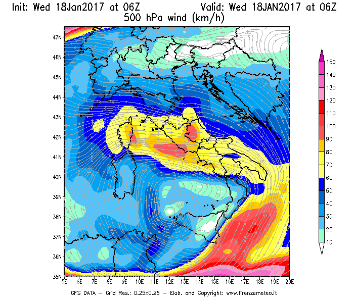 Mappa di analisi GFS - Velocità del vento a 500 hPa [km/h] in Italia
							del 18/01/2017 06 <!--googleoff: index-->UTC<!--googleon: index-->