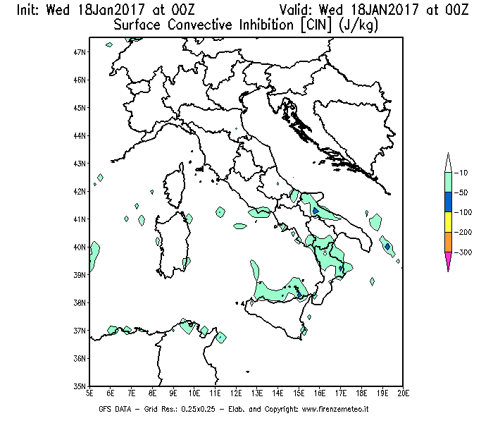 Mappa di analisi GFS - CIN [J/kg] in Italia
							del 18/01/2017 00 <!--googleoff: index-->UTC<!--googleon: index-->