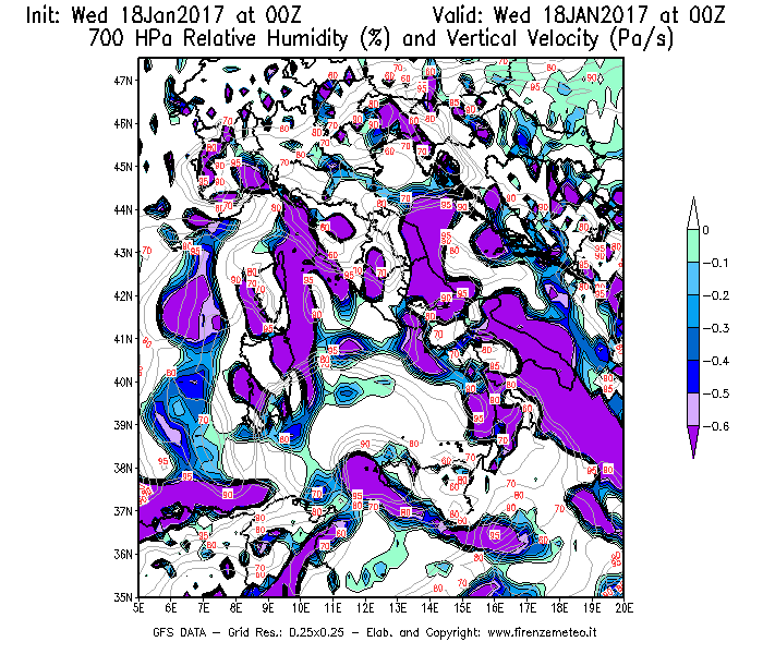 Mappa di analisi GFS - Umidità relativa [%] e Omega [Pa/s] a 700 hPa in Italia
							del 18/01/2017 00 <!--googleoff: index-->UTC<!--googleon: index-->