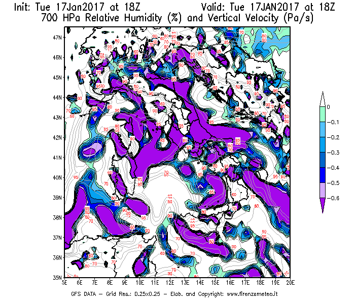 Mappa di analisi GFS - Umidità relativa [%] e Omega [Pa/s] a 700 hPa in Italia
							del 18/01/2017 18 <!--googleoff: index-->UTC<!--googleon: index-->