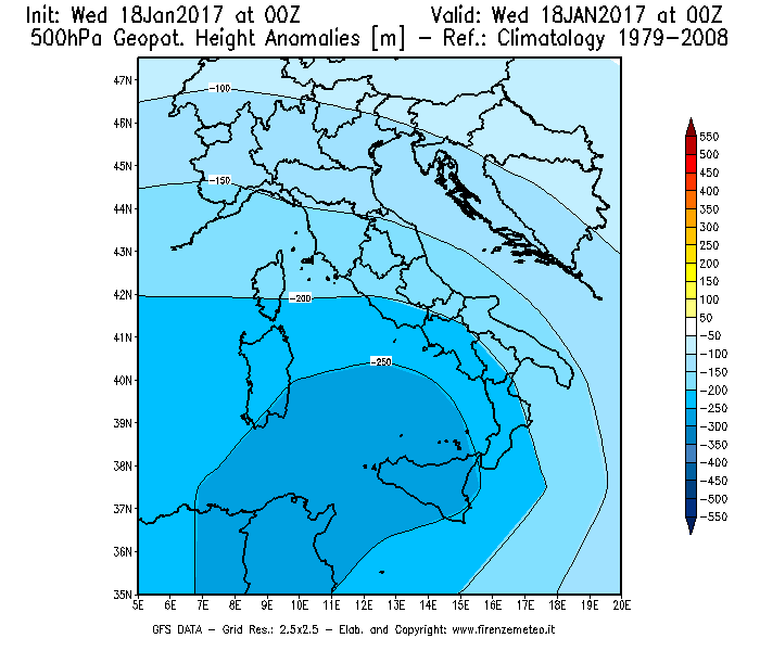 Mappa di analisi GFS - Anomalia di Geopotenziale a 500 hPa in Italia
							del 18/01/2017 00 <!--googleoff: index-->UTC<!--googleon: index-->