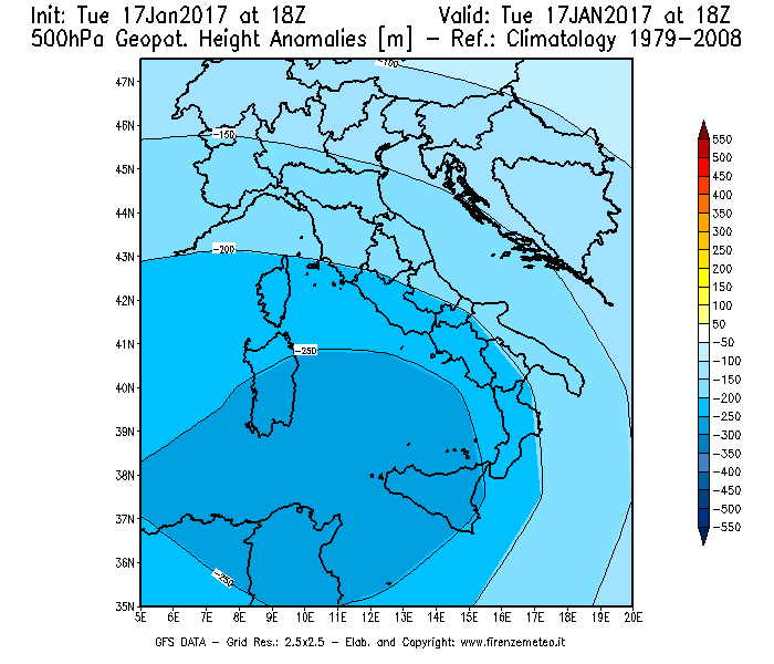Mappa di analisi GFS - Anomalia di Geopotenziale a 500 hPa in Italia
							del 18/01/2017 18 <!--googleoff: index-->UTC<!--googleon: index-->