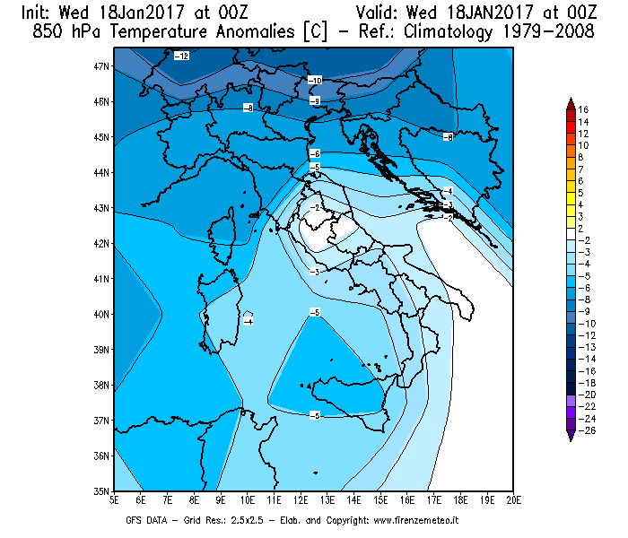 Mappa di analisi GFS - Anomalia Temperatura [°C] a 850 hPa in Italia
							del 18/01/2017 00 <!--googleoff: index-->UTC<!--googleon: index-->