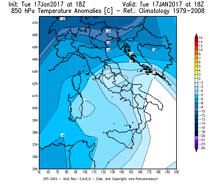 Mappa di analisi GFS - Anomalia Temperatura [°C] a 850 hPa in Italia
							del 18/01/2017 18 <!--googleoff: index-->UTC<!--googleon: index-->
