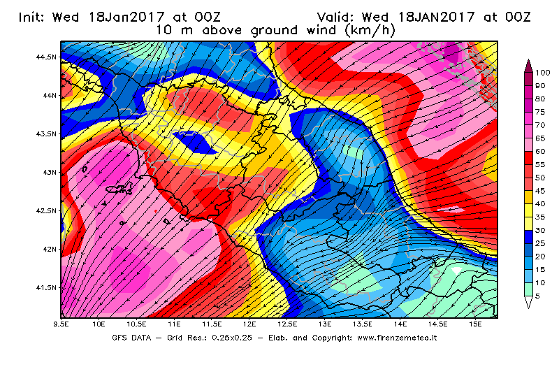 Mappa di analisi GFS - Velocità del vento a 10 metri dal suolo [km/h] in Centro-Italia
							del 18/01/2017 00 <!--googleoff: index-->UTC<!--googleon: index-->