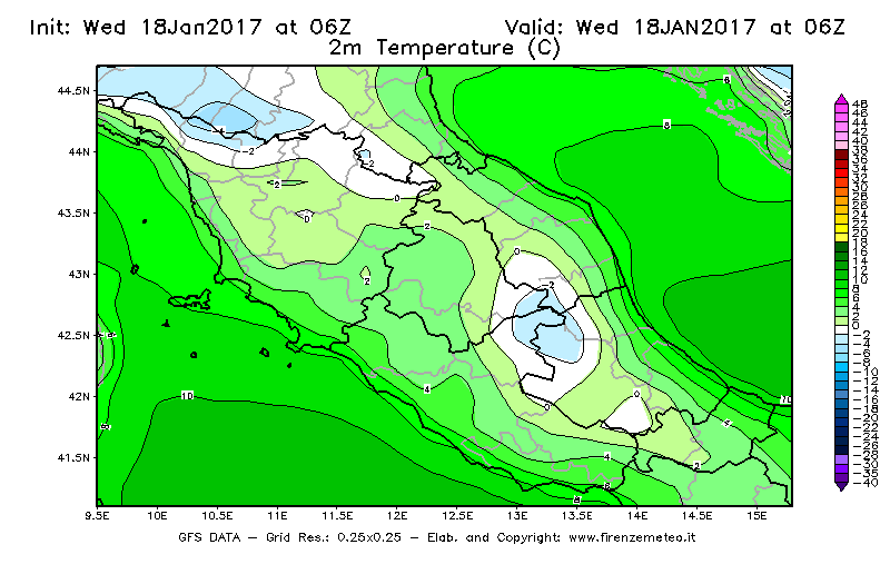 Mappa di analisi GFS - Temperatura a 2 metri dal suolo [°C] in Centro-Italia
							del 18/01/2017 06 <!--googleoff: index-->UTC<!--googleon: index-->