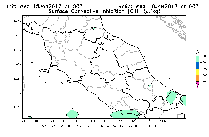 Mappa di analisi GFS - CIN [J/kg] in Centro-Italia
							del 18/01/2017 00 <!--googleoff: index-->UTC<!--googleon: index-->