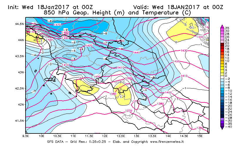 Mappa di analisi GFS - Geopotenziale [m] e Temperatura [°C] a 850 hPa in Centro-Italia
							del 18/01/2017 00 <!--googleoff: index-->UTC<!--googleon: index-->