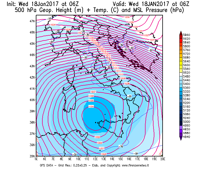 Mappa di analisi GFS - Geopotenziale [m] + Temp. [°C] a 500 hPa + Press. a livello del mare [hPa] in Italia
							del 18/01/2017 06 <!--googleoff: index-->UTC<!--googleon: index-->