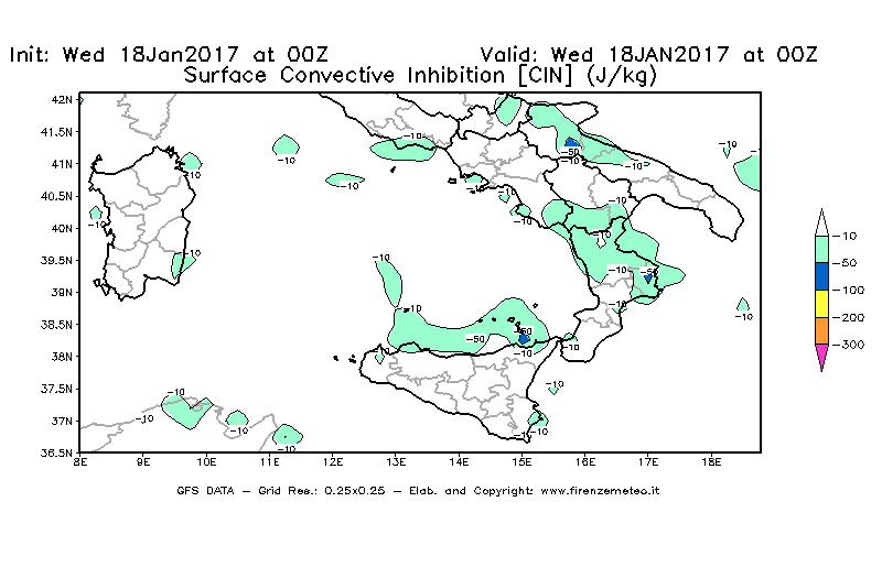 Mappa di analisi GFS - CIN [J/kg] in Sud-Italia
							del 18/01/2017 00 <!--googleoff: index-->UTC<!--googleon: index-->