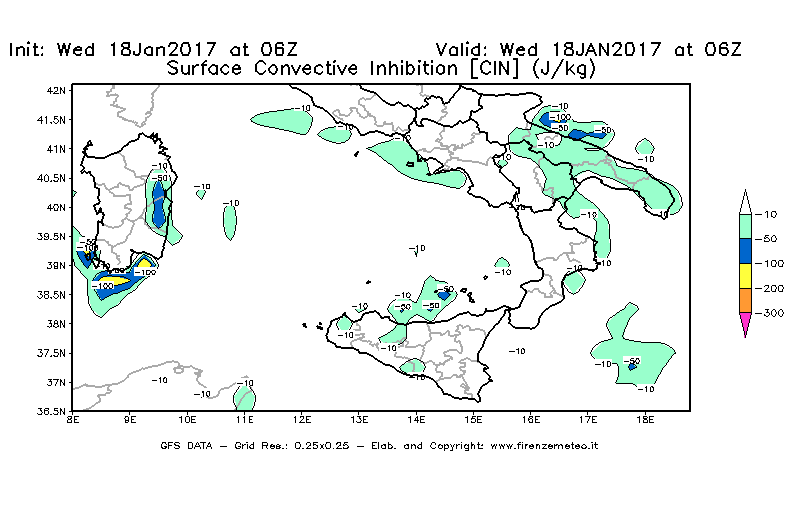 Mappa di analisi GFS - CIN [J/kg] in Sud-Italia
							del 18/01/2017 06 <!--googleoff: index-->UTC<!--googleon: index-->