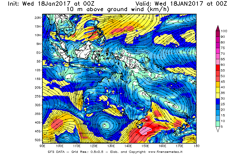 Mappa di analisi GFS - Velocità del vento a 10 metri dal suolo [km/h] in Oceania
							del 18/01/2017 00 <!--googleoff: index-->UTC<!--googleon: index-->