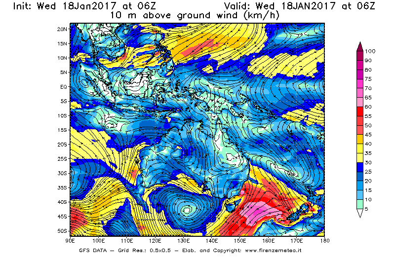 Mappa di analisi GFS - Velocità del vento a 10 metri dal suolo [km/h] in Oceania
							del 18/01/2017 06 <!--googleoff: index-->UTC<!--googleon: index-->