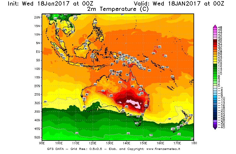 Mappa di analisi GFS - Temperatura a 2 metri dal suolo [°C] in Oceania
							del 18/01/2017 00 <!--googleoff: index-->UTC<!--googleon: index-->